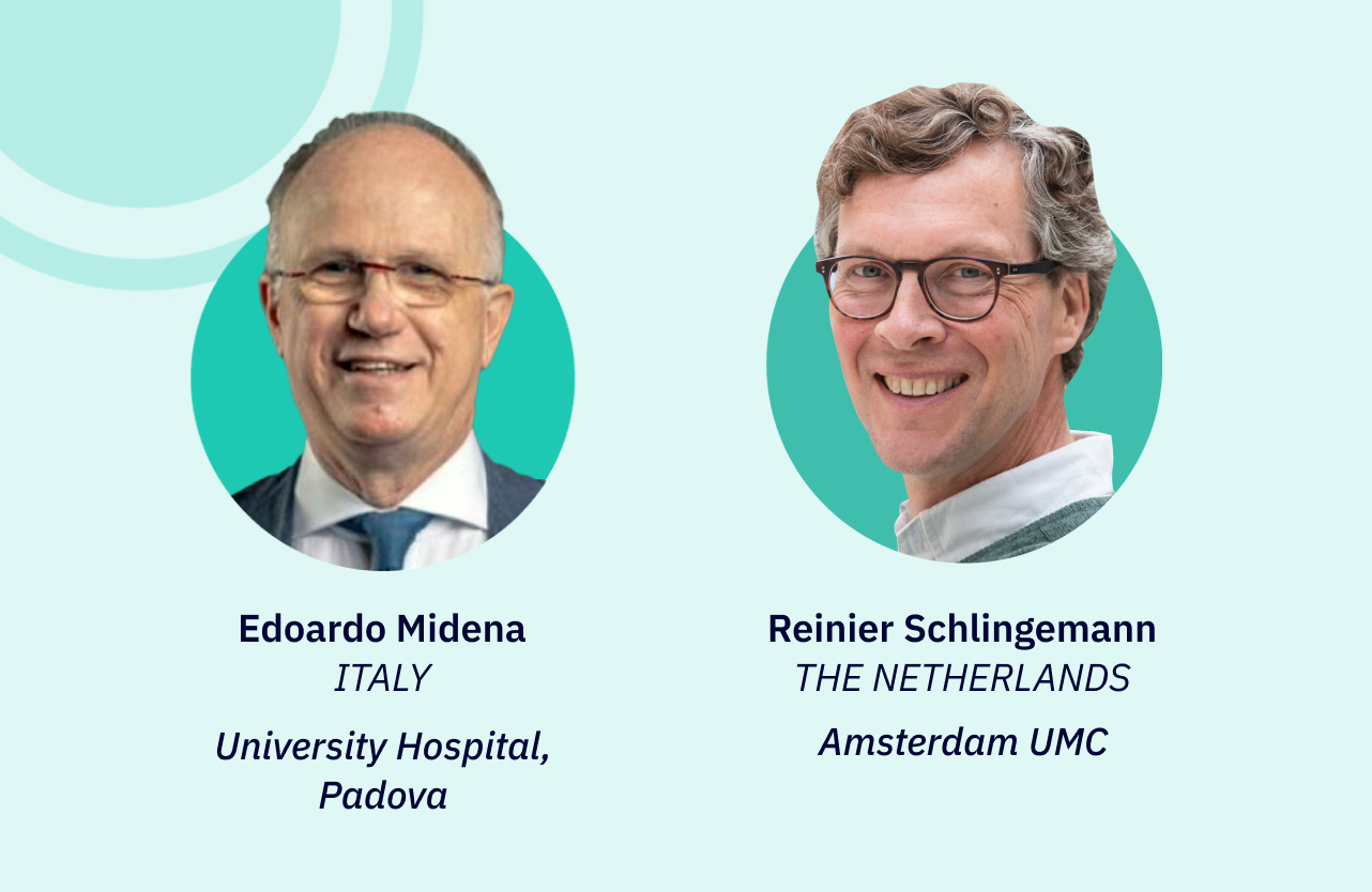 Feature image for Educational webinar, featuring headshots of chairs, Edoardo Midena (Italy) & Reinier Schlingemann (The Netherlands).