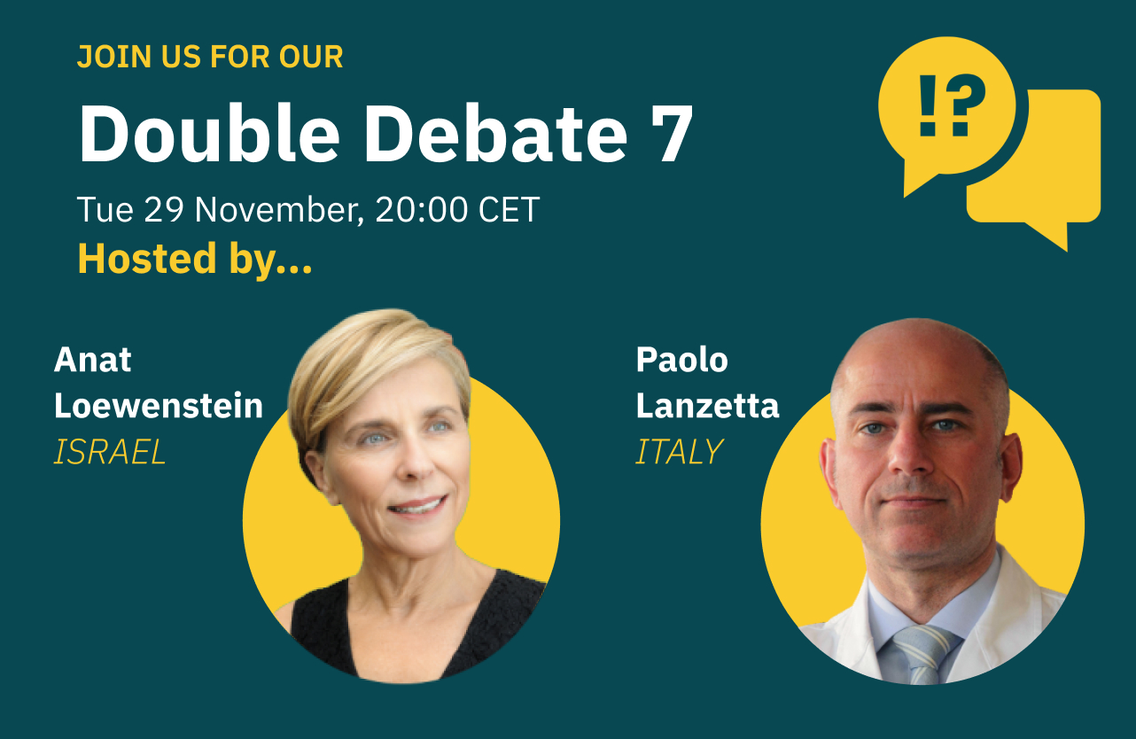 Feature image for Double Debate, featuring headshots of chairs, Anat Loewenstein (Israel) & Paolo Lanzetta (Italy).