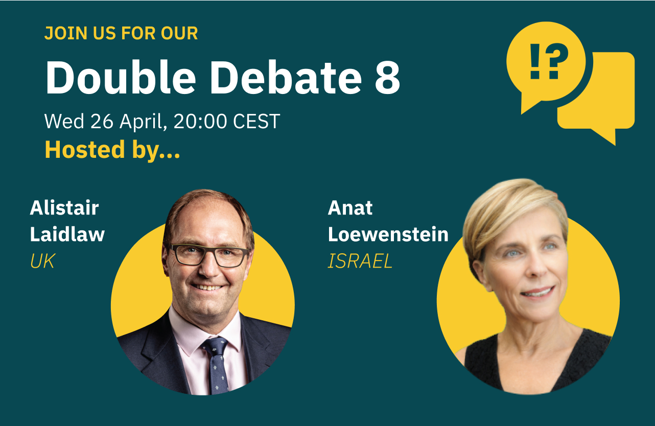 Feature image for Double Debate, featuring headshots of chairs, Anat Loewenstein (Israel) & Alistair Laidlaw (UK).
