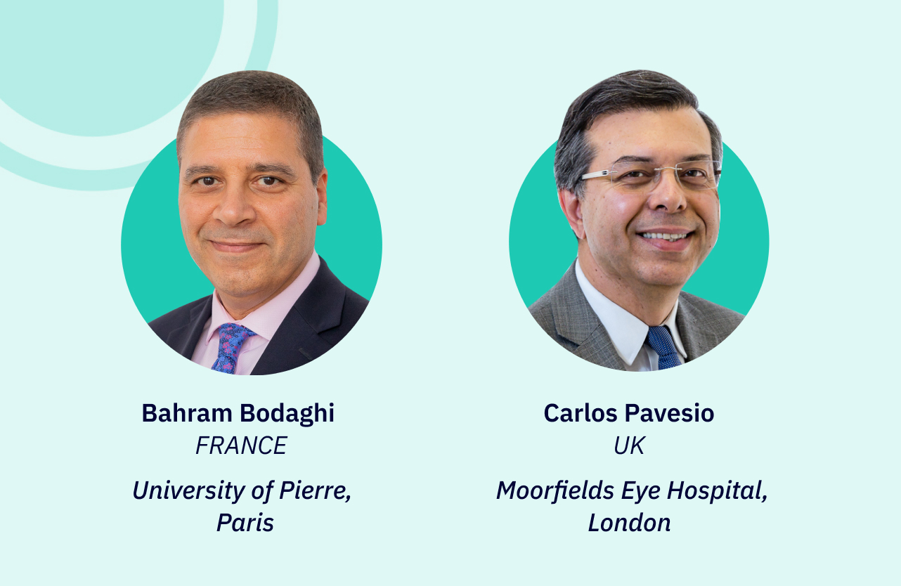 Feature image for Educational webinar, featuring headshots of chairs, Bahram Bodaghi (France) & Carlos Pavesio (UK).