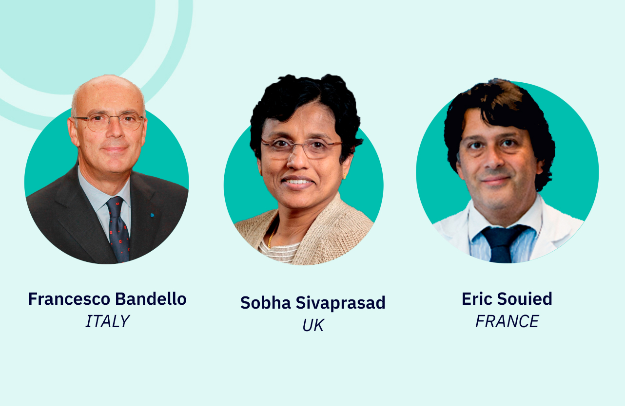 Feature image for Double Debate, featuring headshots of chairs, Francesco Bandello (Italy), Sobha Sivaprasad (UK) & Eric Souied (France).