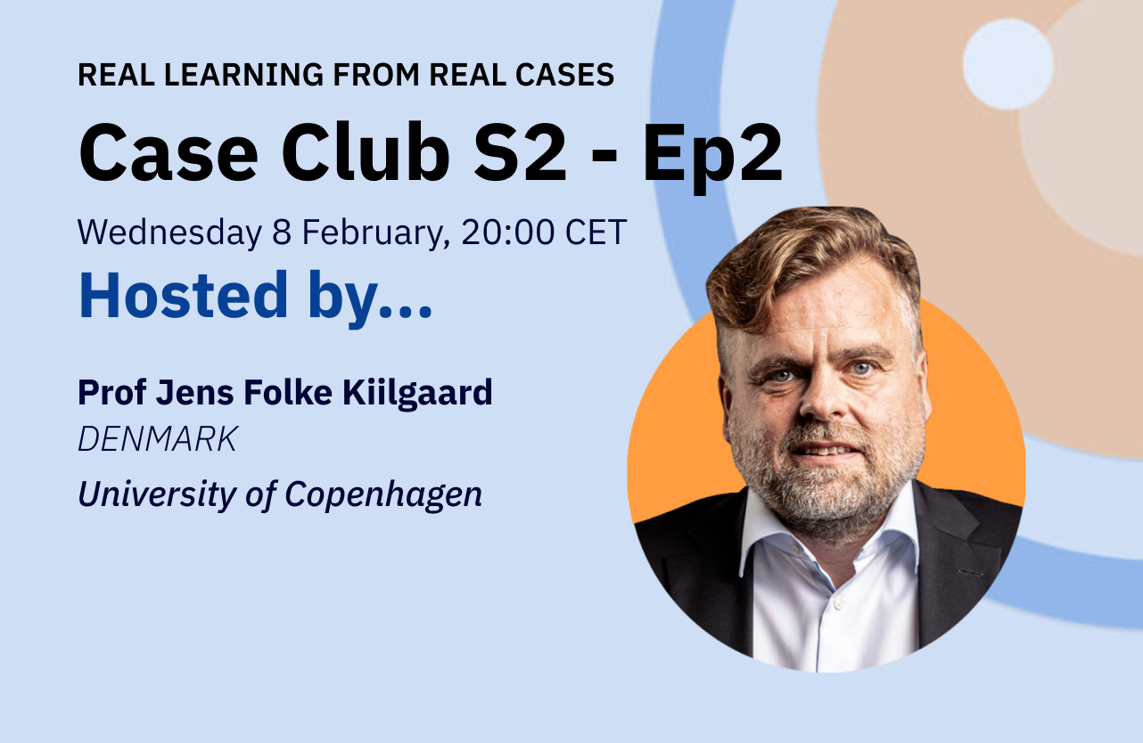 Feature image for Case Club S2 EP2, featuring headshots of chair, Jens Folke Kiilgaard (Denmark).