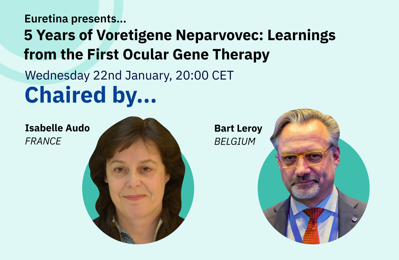 Feature image for Educational webinar, featuring headshots of chairs, Isabelle Audo (France) & Bart Leroy (Belgium).