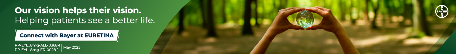 Our Vision helps their vision. Helping Patients see a better life. Connect with Bayer at EURETINA. "PP-EYL_8mg-ALL-0368-1, PP-EYL_8mg-FR-0028-1" May 2025.