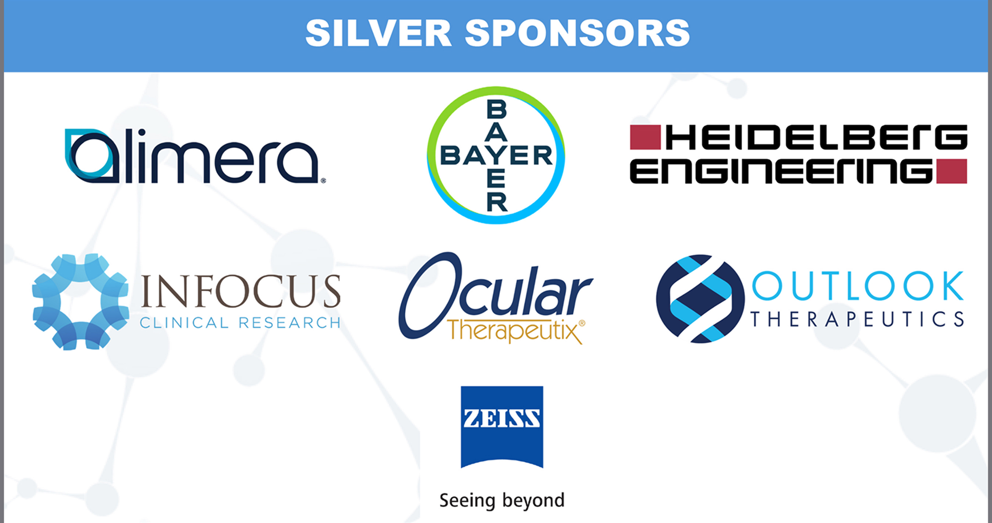 Silver Sponsors "Alimera", "Bayer", "Heidelberg Engineering", "Infocus Clinical Research", "Ocular Therapeutix", "Outlook Therapeutics" & "Zeiss".