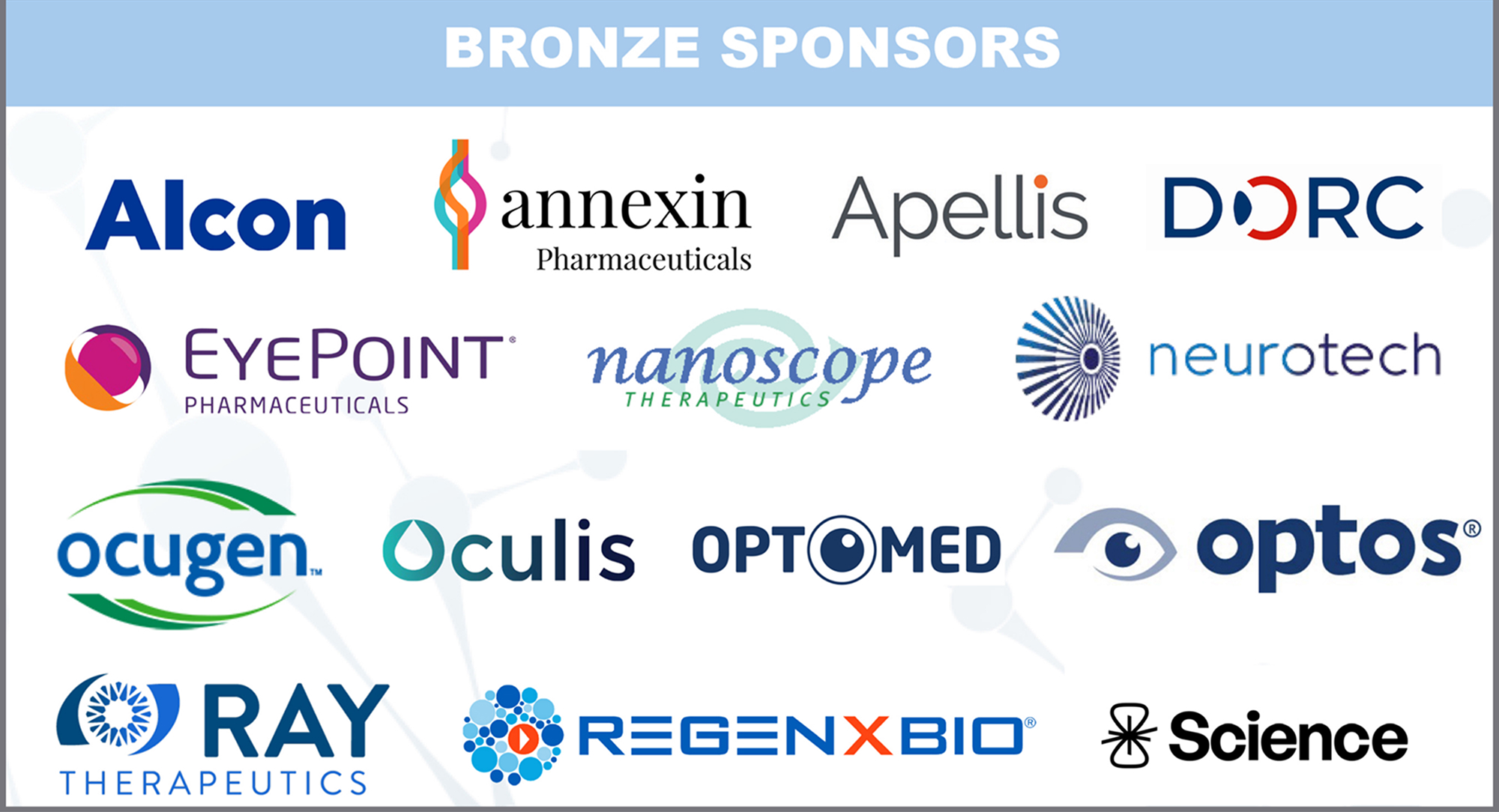 Bronze Sponsors "Alcon", "Annexin", "Apellis", "Dorc", "EyePoint", "Nanoscope", "Neurotech", "Ocugen", "Oculis", "Optomed", "Optos", "Ray", "RegenXBio" & "Science Corporation"